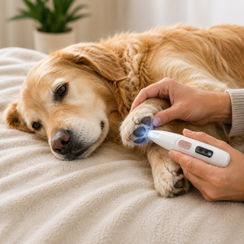 Golden retriever ligt ontspannen terwijl een poot wordt bijgewerkt met de Paw &amp; Fur Trimmer