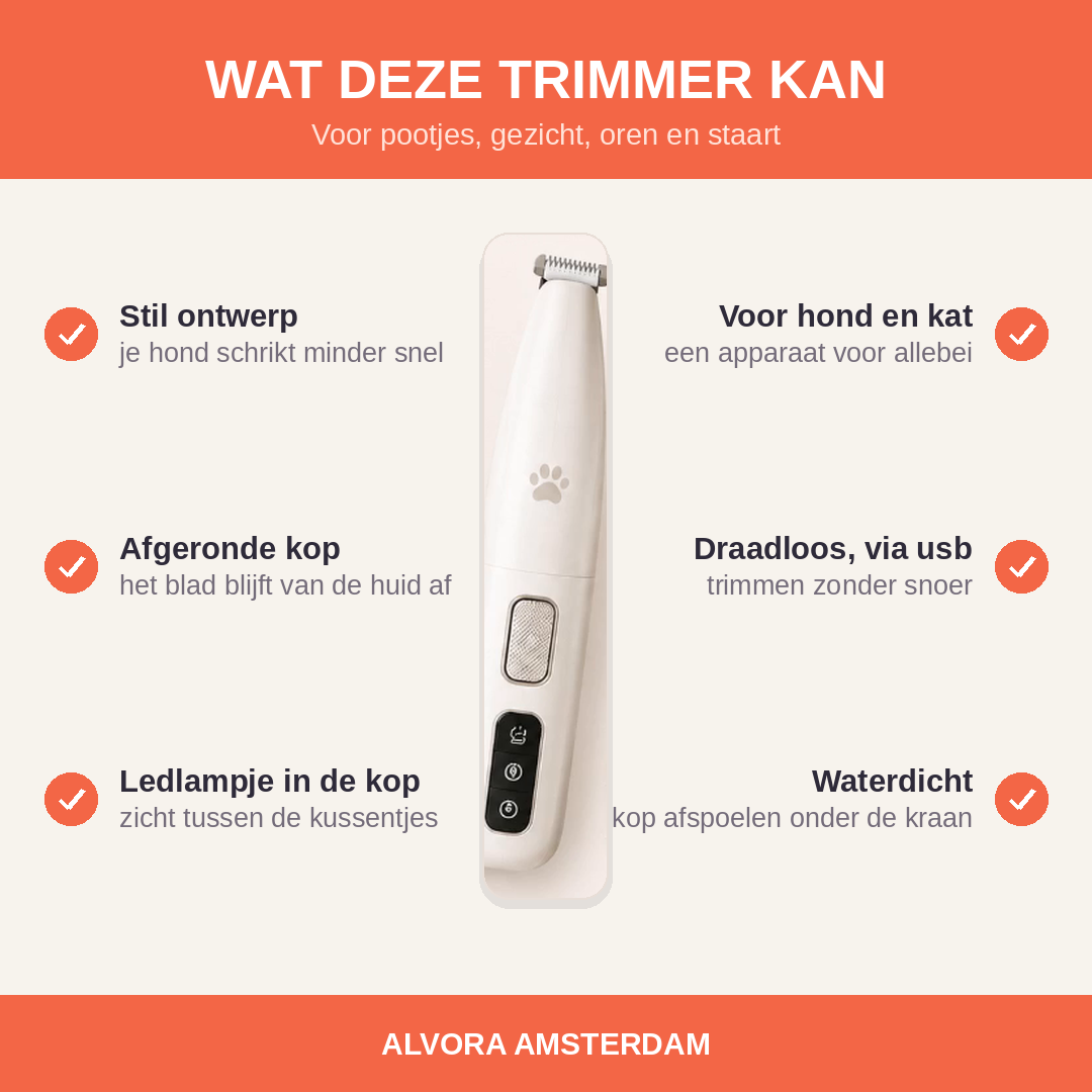 Kenmerken van de Paw &amp; Fur Trimmer: stil ontwerp, afgeronde kop, ledlampje, voor hond en kat, draadloos en waterdicht