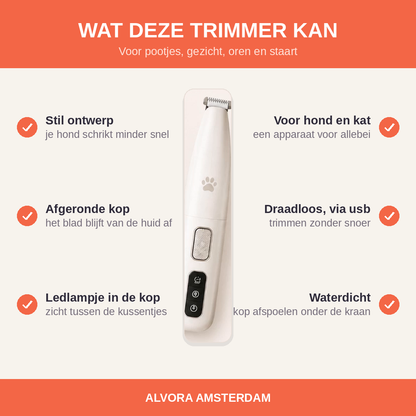 Kenmerken van de Paw &amp; Fur Trimmer: stil ontwerp, afgeronde kop, ledlampje, voor hond en kat, draadloos en waterdicht